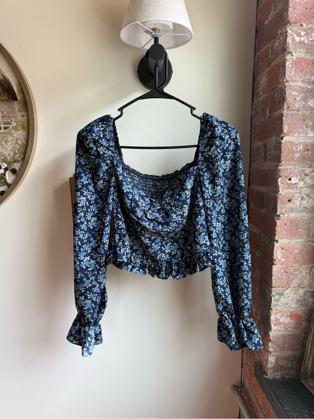 Smocked Floral Square-Neck Crop Top in Navy